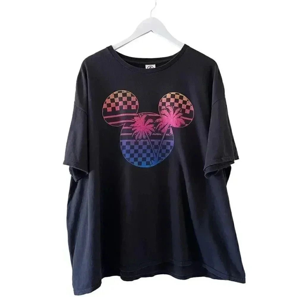 Disney Black Cotton Micky Mouse Roadster Palm Short Sleeves Unisex 3XL # 1222
